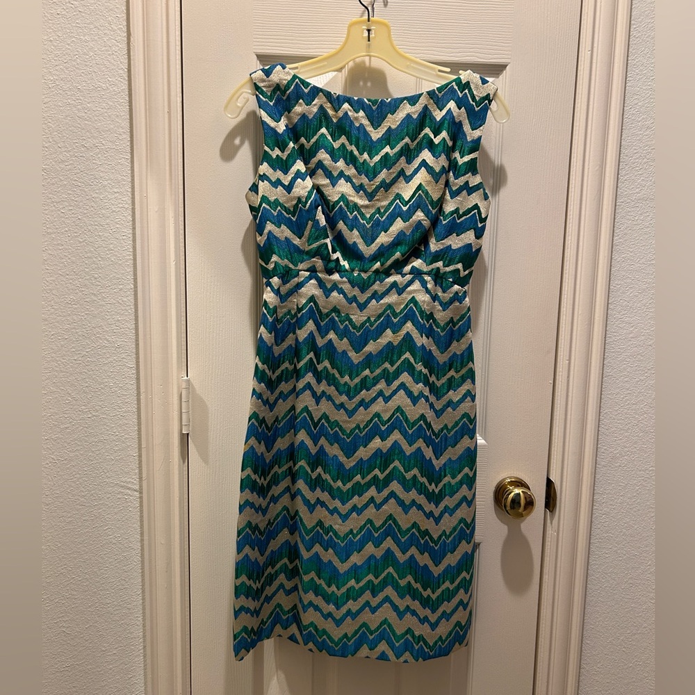 Sleeveless Low Back Chevron Party Dress in Gold Lame, Blue and Green